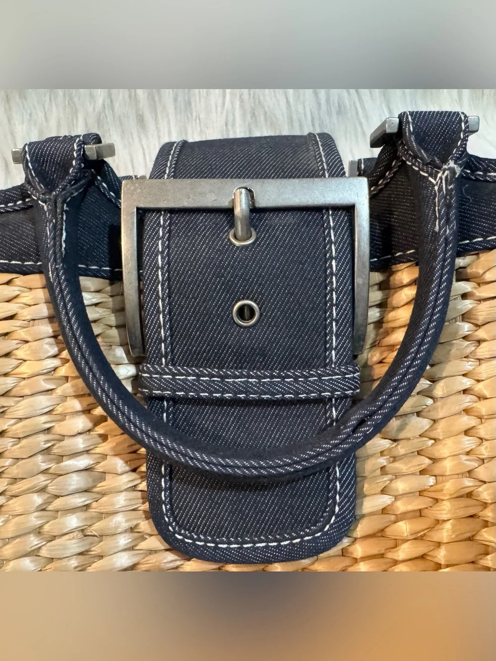Bath & Body Works Denim & Raffia Small Satchel Tote Buckle Blue Natural GUC